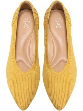 Womens Yellow Pointed Toe Comfort Foldable Slip On Dressy Knit Ballet Flat Shoes